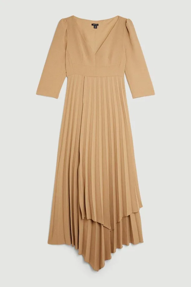 Military Pleat Panelled V Neck Tailored Midi Dress Camel Women Karen Millen Dresses