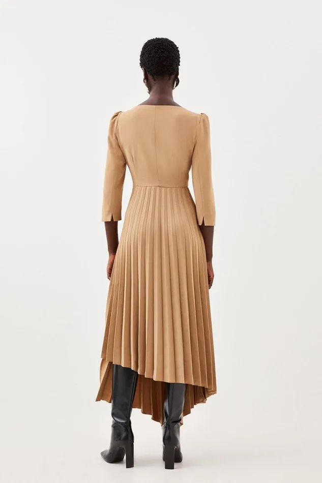 Military Pleat Panelled V Neck Tailored Midi Dress Camel Women Karen Millen Dresses