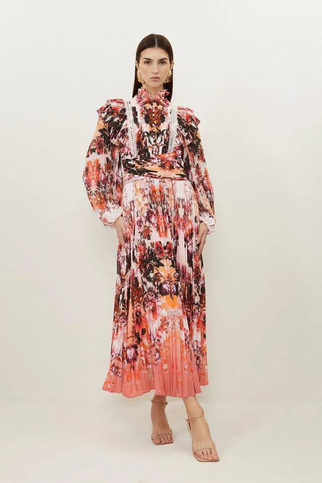 Mirrored Floral Print Pleated Woven Maxi Dress Floral Women Karen Millen Dresses