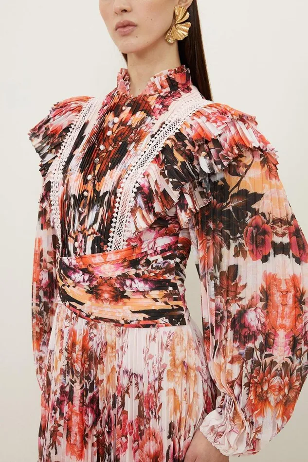 Mirrored Floral Print Pleated Woven Maxi Dress Floral Women Karen Millen Dresses