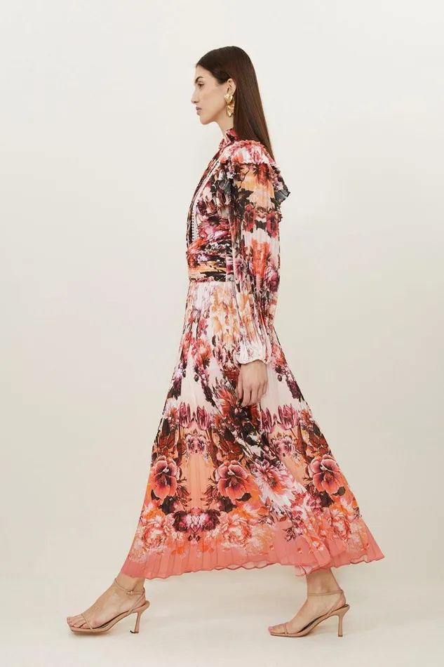 Mirrored Floral Print Pleated Woven Maxi Dress Floral Women Karen Millen Dresses