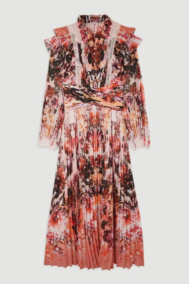 Mirrored Floral Print Pleated Woven Maxi Dress Floral Women Karen Millen Dresses