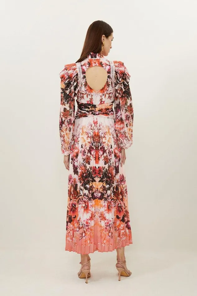 Mirrored Floral Print Pleated Woven Maxi Dress Floral Women Karen Millen Dresses
