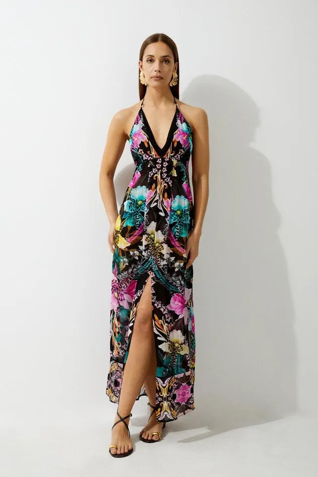 Mirrored Tropical Viscose Georgette Strappy Beach Dress Multi Women Karen Millen Dresses Mirrored Tropical Viscose Georgette Strappy Beach Dress Multi Women Karen Millen Dresses