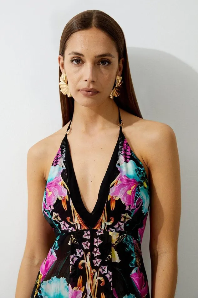 Mirrored Tropical Viscose Georgette Strappy Beach Dress Multi Women Karen Millen Dresses