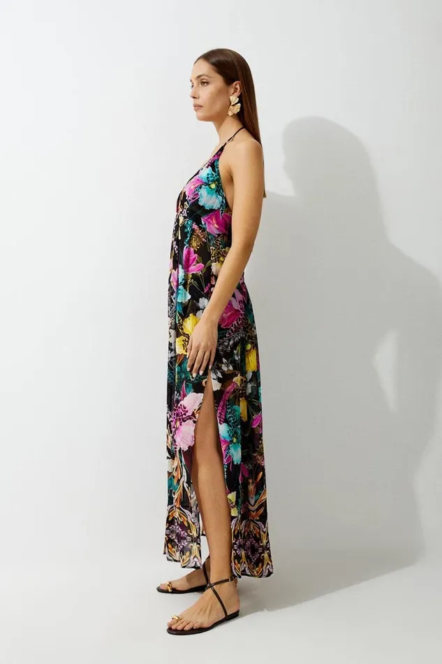 Mirrored Tropical Viscose Georgette Strappy Beach Dress Multi Women Karen Millen Dresses