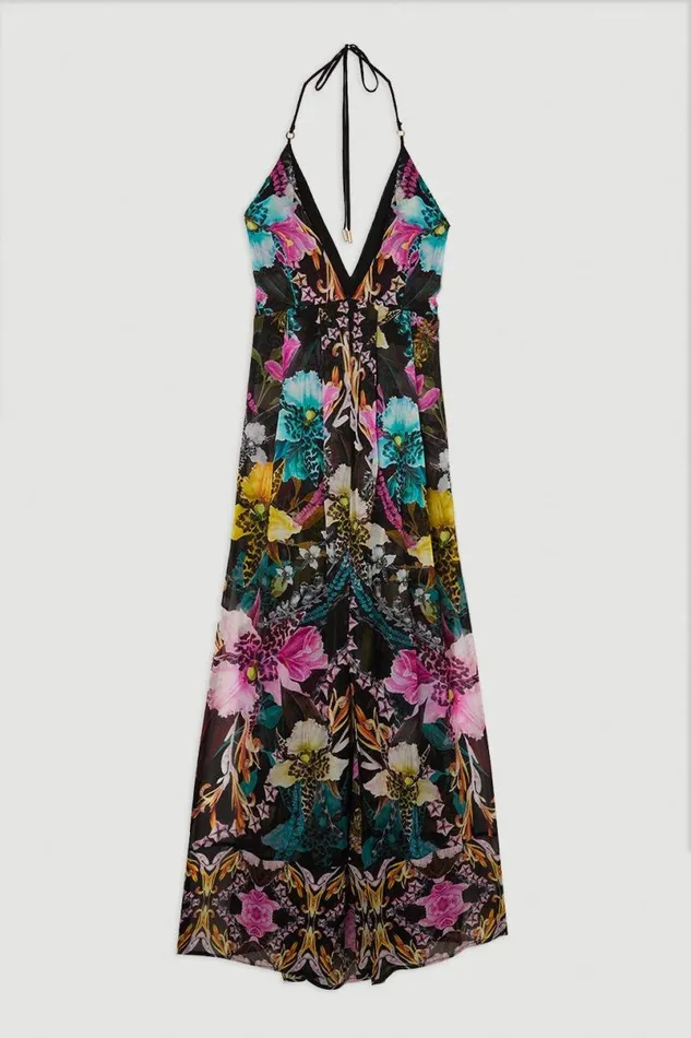 Mirrored Tropical Viscose Georgette Strappy Beach Dress Multi Women Karen Millen Dresses