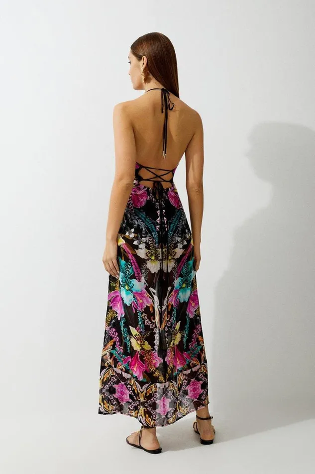 Mirrored Tropical Viscose Georgette Strappy Beach Dress Multi Women Karen Millen Dresses
