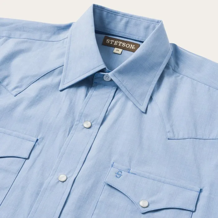Modern Cut Men Stetson Blue End On End Solid Shirt Blue