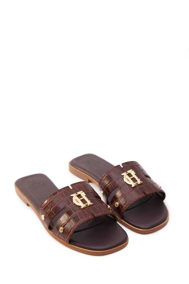 Monogram Slides Chocolate Croc Women Holland Cooper Sandals