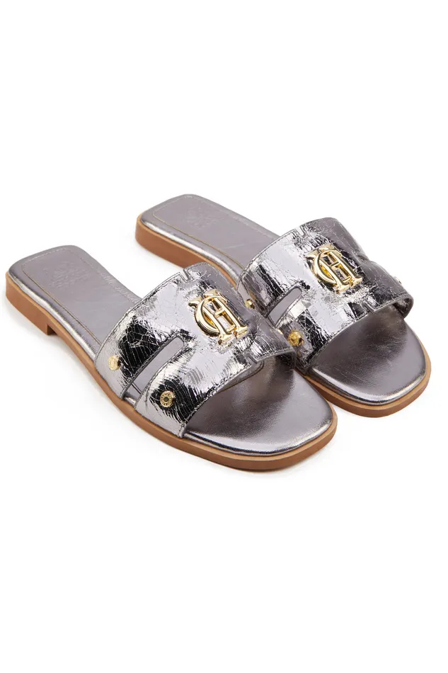 Monogram Slides Silver Crackle Women Holland Cooper Sandals