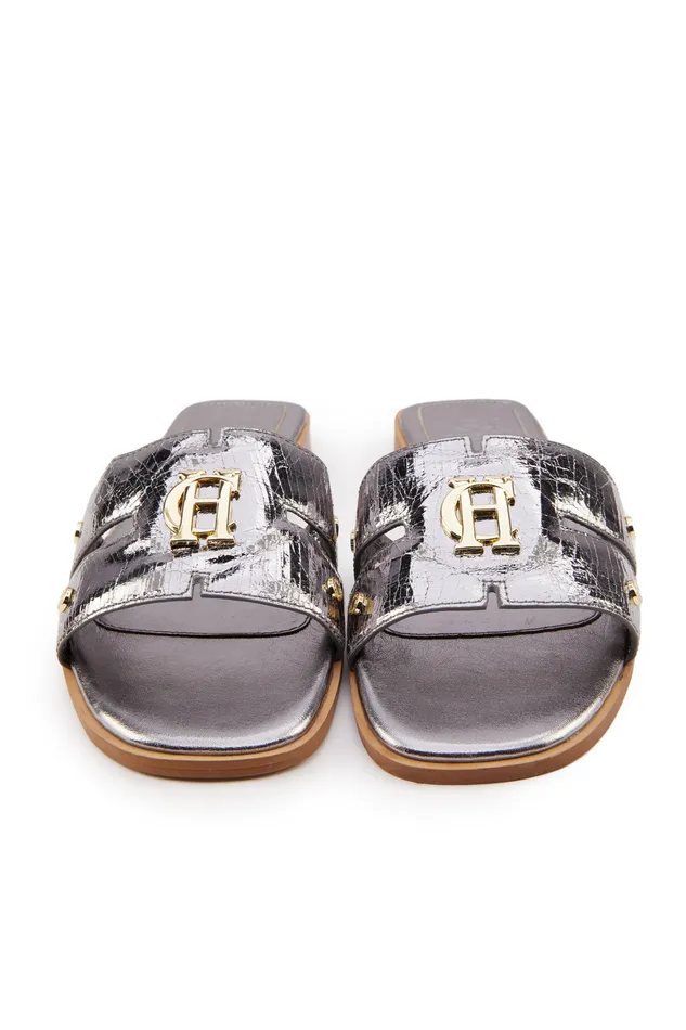 Monogram Slides Silver Crackle Women Holland Cooper Sandals