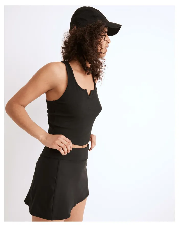MWL Ribbed Split Neck Crop Tank True Black Women Madewell Activewear MWL Ribbed Split Neck Crop Tank True Black Women Madewell Activewear