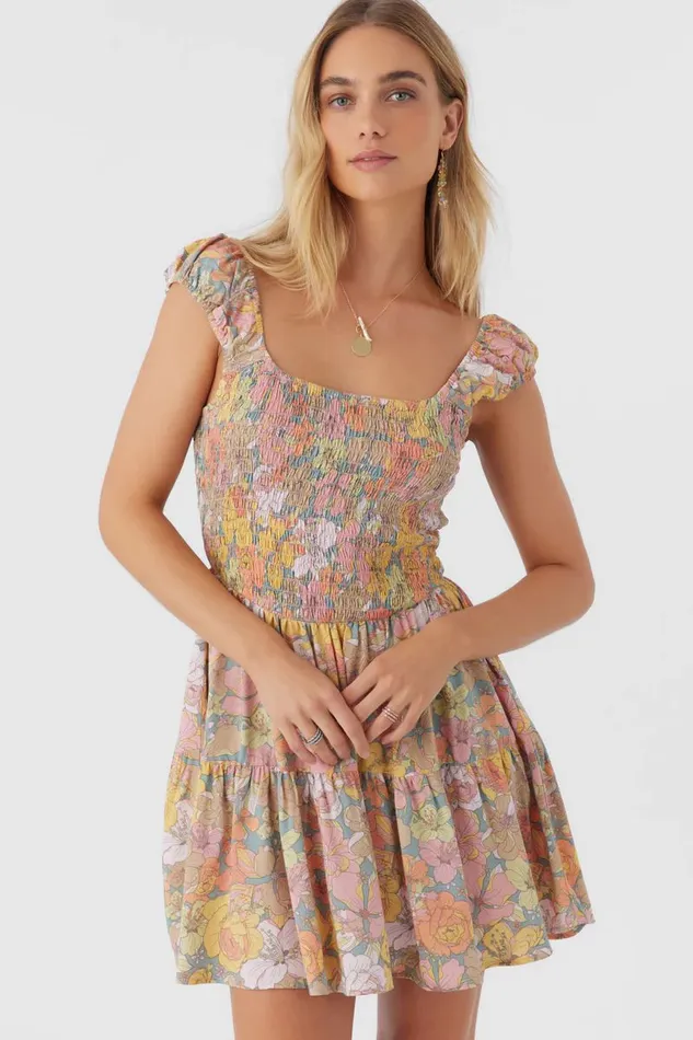 O039NEILL ADELLE JANIS FLORAL SMOCKED DRESS Silver Blue Women Clothing