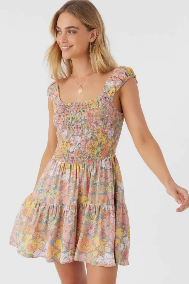 O039NEILL ADELLE JANIS FLORAL SMOCKED DRESS Silver Blue Women Clothing