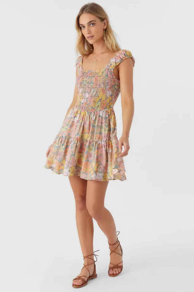O039NEILL ADELLE JANIS FLORAL SMOCKED DRESS Silver Blue Women Clothing