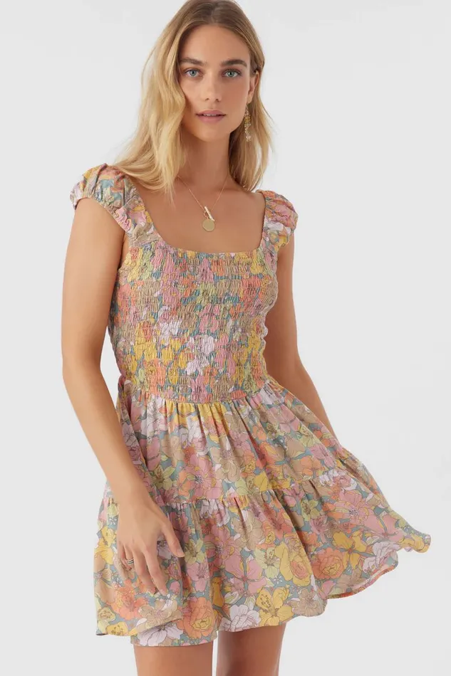O039NEILL ADELLE JANIS FLORAL SMOCKED DRESS Silver Blue Women Clothing