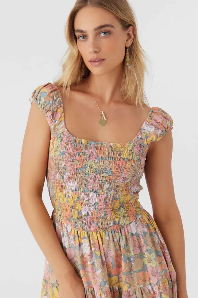 O039NEILL ADELLE JANIS FLORAL SMOCKED DRESS Silver Blue Women Clothing