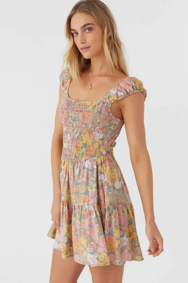 O039NEILL ADELLE JANIS FLORAL SMOCKED DRESS Silver Blue Women Clothing