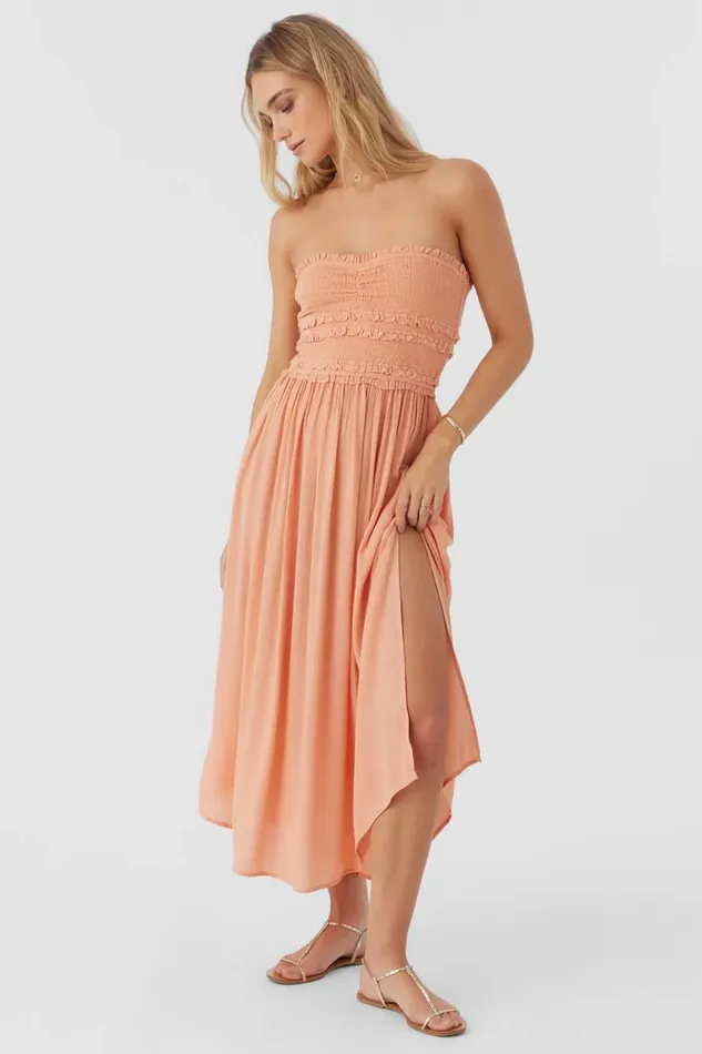 O039NEILL DEVYN SMOCKED STRAPLESS MIDI DRESS Canyon Sunset Women Clothing