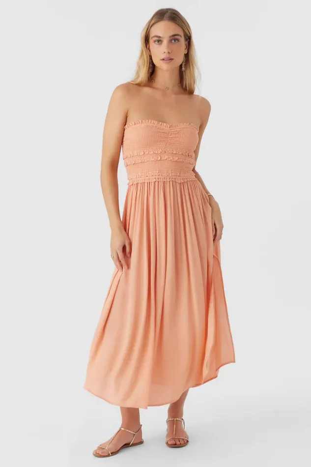 O039NEILL DEVYN SMOCKED STRAPLESS MIDI DRESS Canyon Sunset Women Clothing