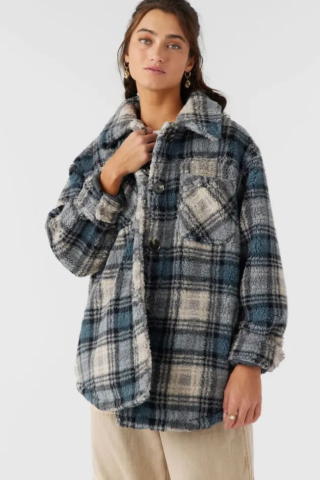 O039NEILL HEATH PLAID HIGH PILE OVERSIZED FLEECE JACKET Slate Women Clothing