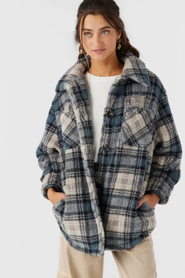 O039NEILL HEATH PLAID HIGH PILE OVERSIZED FLEECE JACKET Slate Women Clothing