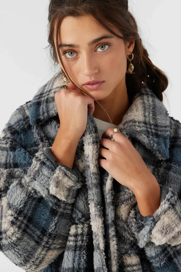 O039NEILL HEATH PLAID HIGH PILE OVERSIZED FLEECE JACKET Slate Women Clothing