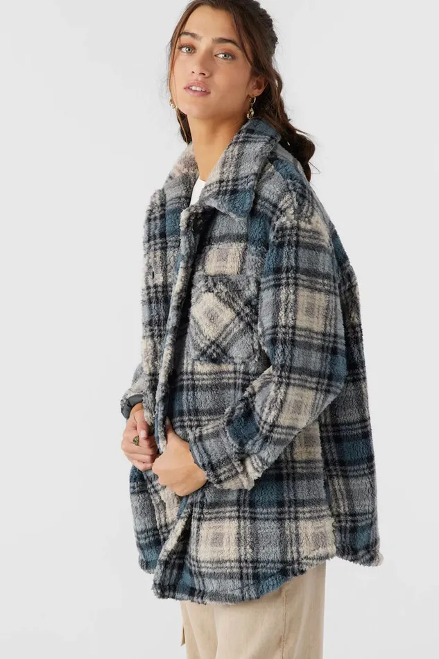 O039NEILL HEATH PLAID HIGH PILE OVERSIZED FLEECE JACKET Slate Women Clothing