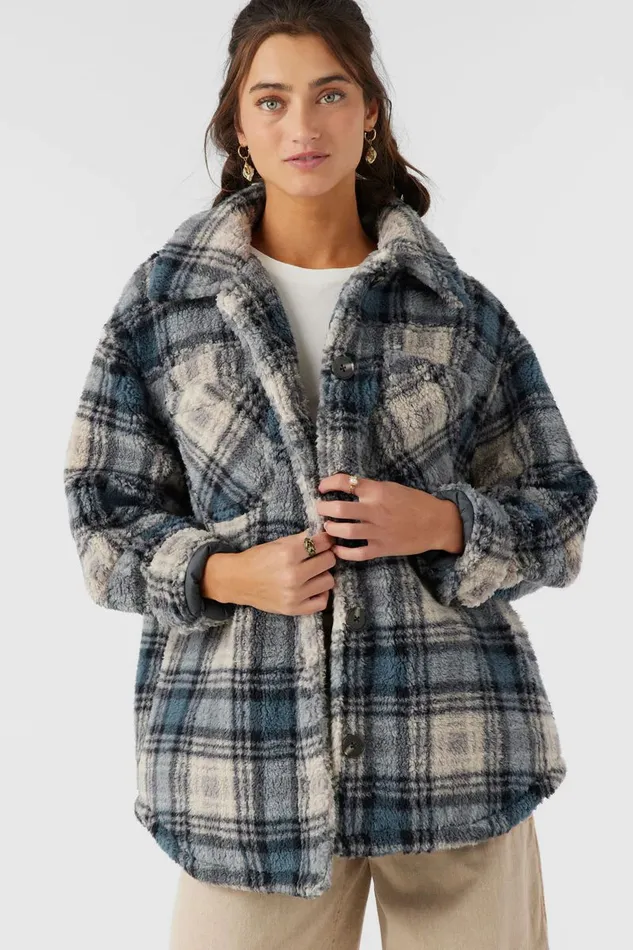 O039NEILL HEATH PLAID HIGH PILE OVERSIZED FLEECE JACKET Slate Women Clothing