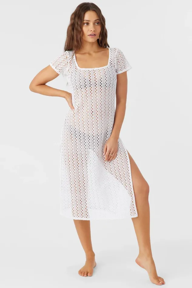 O039NEILL NINA MIDI CROCHET LACE COVERUP DRESS White Women Swim