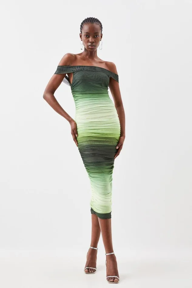 Ombre Mesh Bardot Jersey Maxi Dress Green Women Karen Millen Dresses