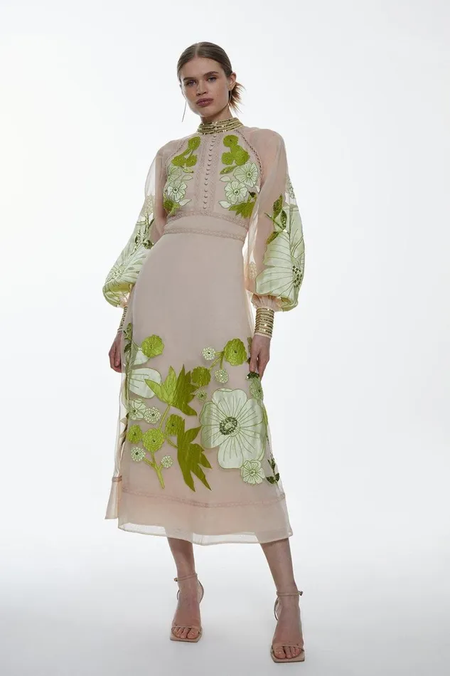 Organdie Applique Buttoned Woven Midi Dress Green Women Karen Millen Dresses