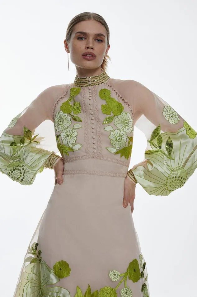 Organdie Applique Buttoned Woven Midi Dress Green Women Karen Millen Dresses