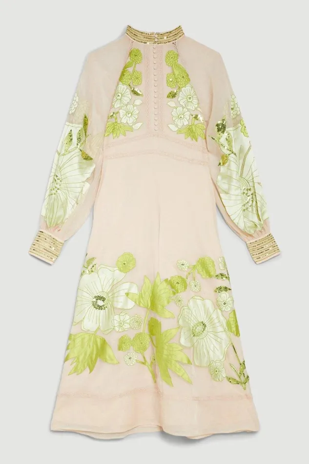 Organdie Applique Buttoned Woven Midi Dress Green Women Karen Millen Dresses