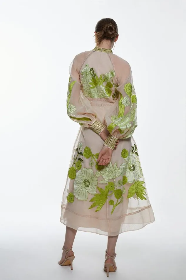 Organdie Applique Buttoned Woven Midi Dress Green Women Karen Millen Dresses