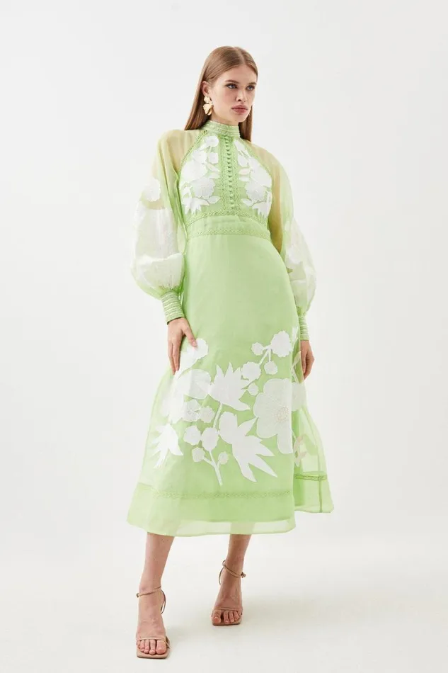 Organdie Applique Buttoned Woven Midi Dress Lime Women Karen Millen Dresses