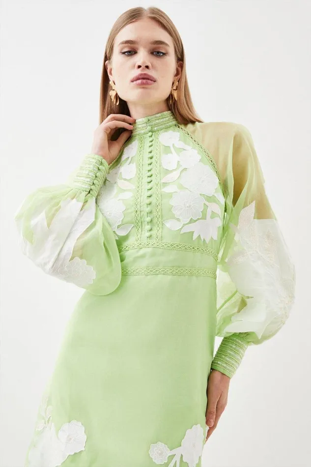 Organdie Applique Buttoned Woven Midi Dress Lime Women Karen Millen Dresses
