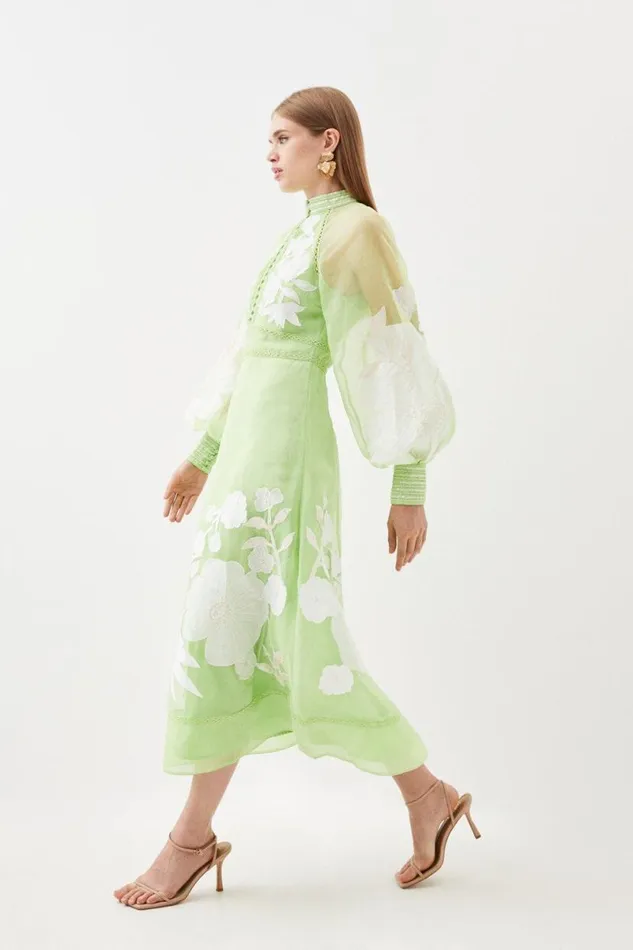 Organdie Applique Buttoned Woven Midi Dress Lime Women Karen Millen Dresses