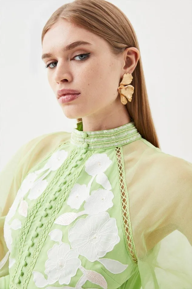 Organdie Applique Buttoned Woven Midi Dress Lime Women Karen Millen Dresses