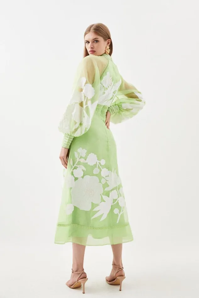 Organdie Applique Buttoned Woven Midi Dress Lime Women Karen Millen Dresses