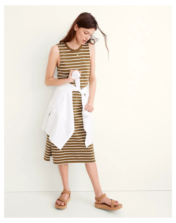 Organic Cotton Crewneck Tank Midi Dress In Stripe Vintage Moss Women Madewell Dresses