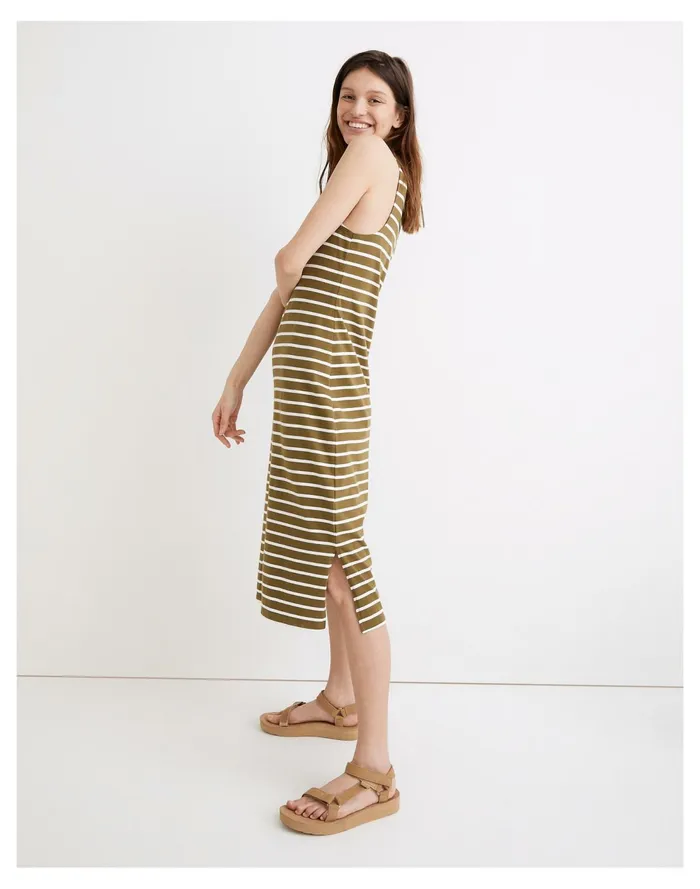 Organic Cotton Crewneck Tank Midi Dress In Stripe Vintage Moss Women Madewell Dresses Organic Cotton Crewneck Tank Midi Dress In Stripe Vintage Moss Women Madewell Dresses