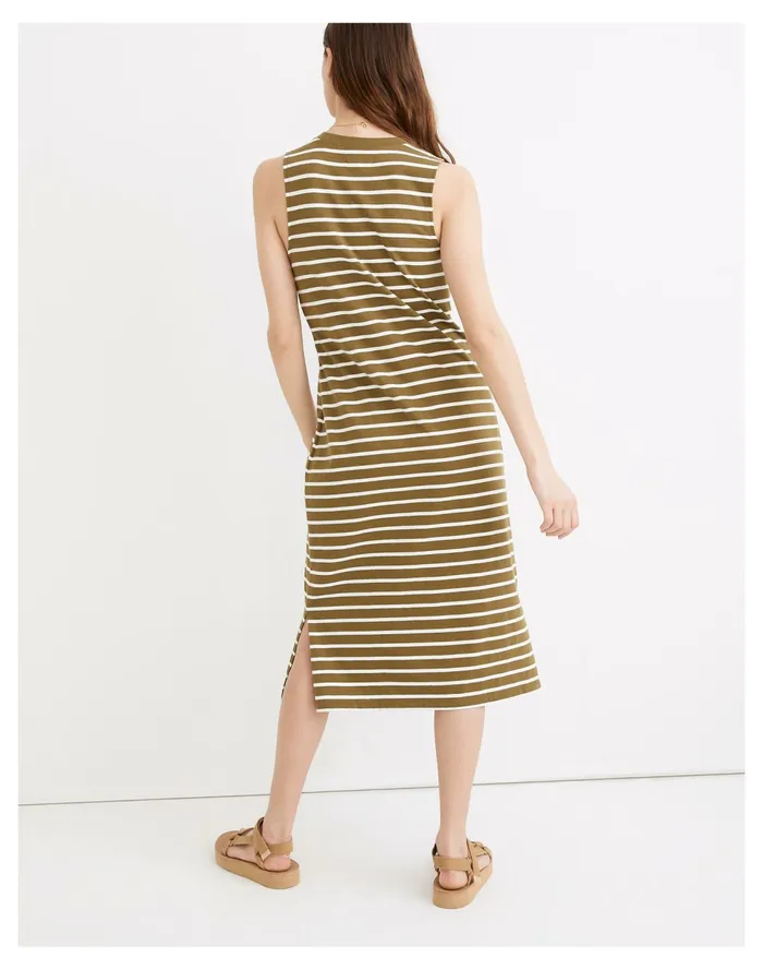 Organic Cotton Crewneck Tank Midi Dress In Stripe Vintage Moss Women Madewell Dresses Organic Cotton Crewneck Tank Midi Dress In Stripe Vintage Moss Women Madewell Dresses