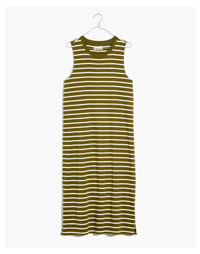Organic Cotton Crewneck Tank Midi Dress In Stripe Vintage Moss Women Madewell Dresses Organic Cotton Crewneck Tank Midi Dress In Stripe Vintage Moss Women Madewell Dresses