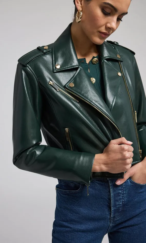 Outerwear Women Generation Love Clothing Cosita Vegan Leather Moto Jacket Forest