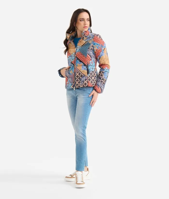 Padded Nylon Coat With Geo Patchwork Foulard Print Blue Woman Alviero Martini Coats and Jackets