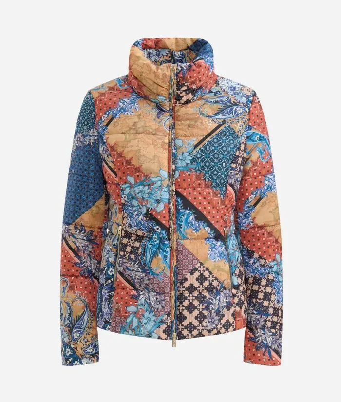 Padded Nylon Coat With Geo Patchwork Foulard Print Blue Woman Alviero Martini Coats and Jackets