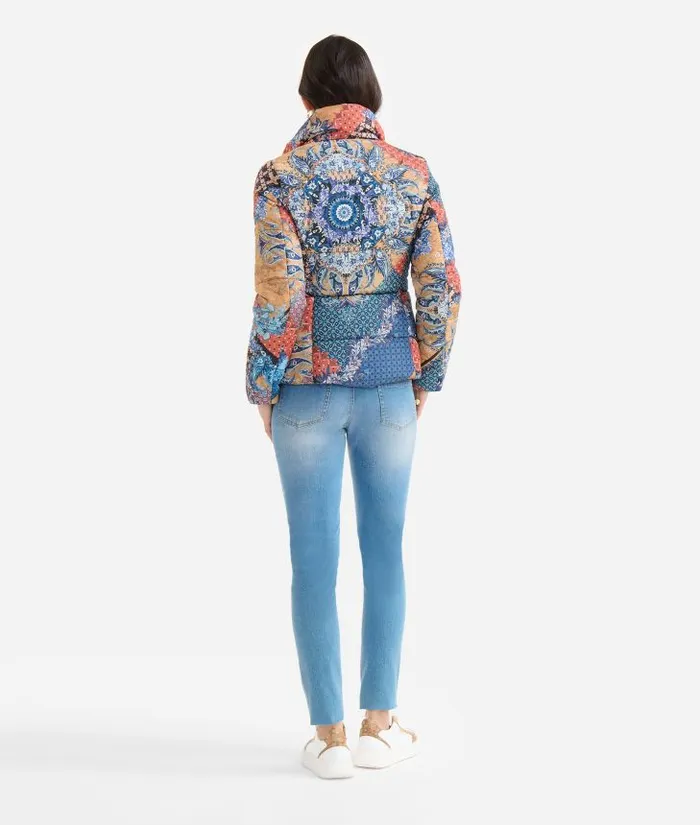 Padded Nylon Coat With Geo Patchwork Foulard Print Blue Woman Alviero Martini Coats and Jackets