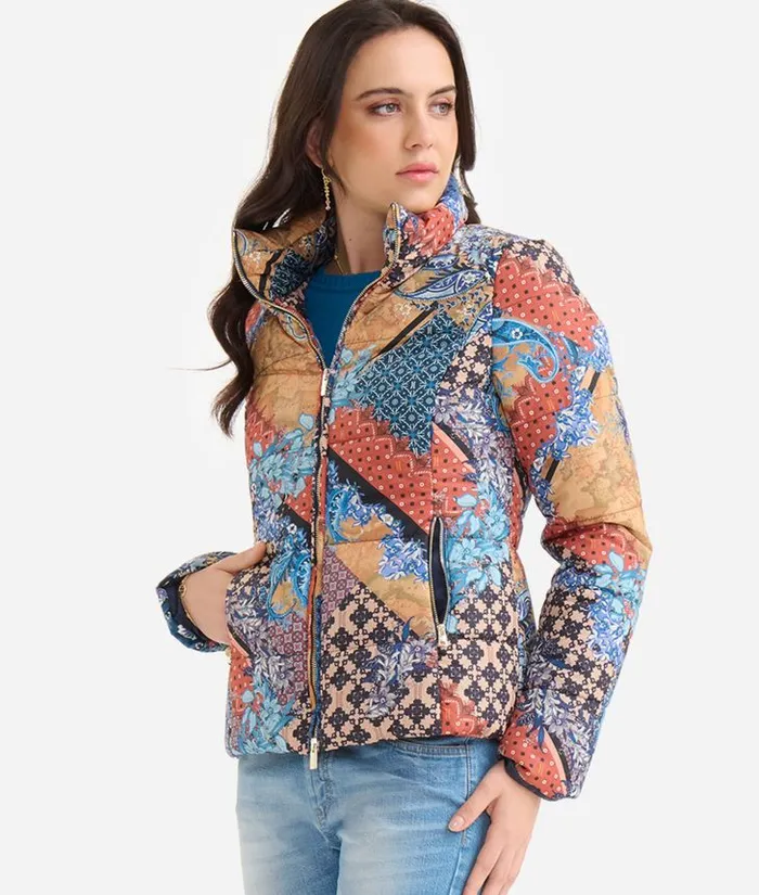 Padded Nylon Coat With Geo Patchwork Foulard Print Blue Woman Alviero Martini Coats and Jackets